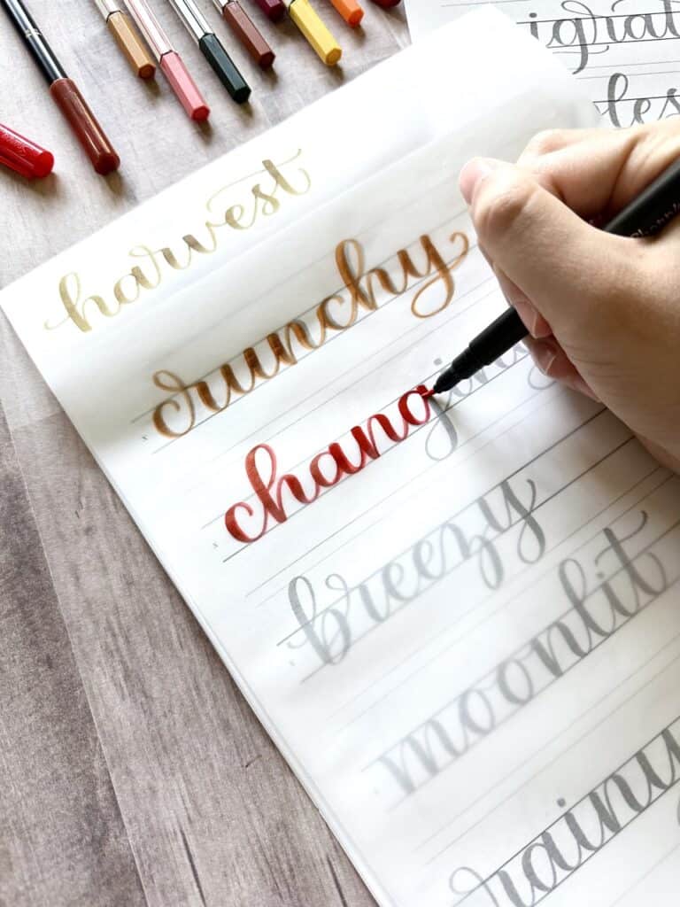 tracing calligraphy worksheets with a brush pen